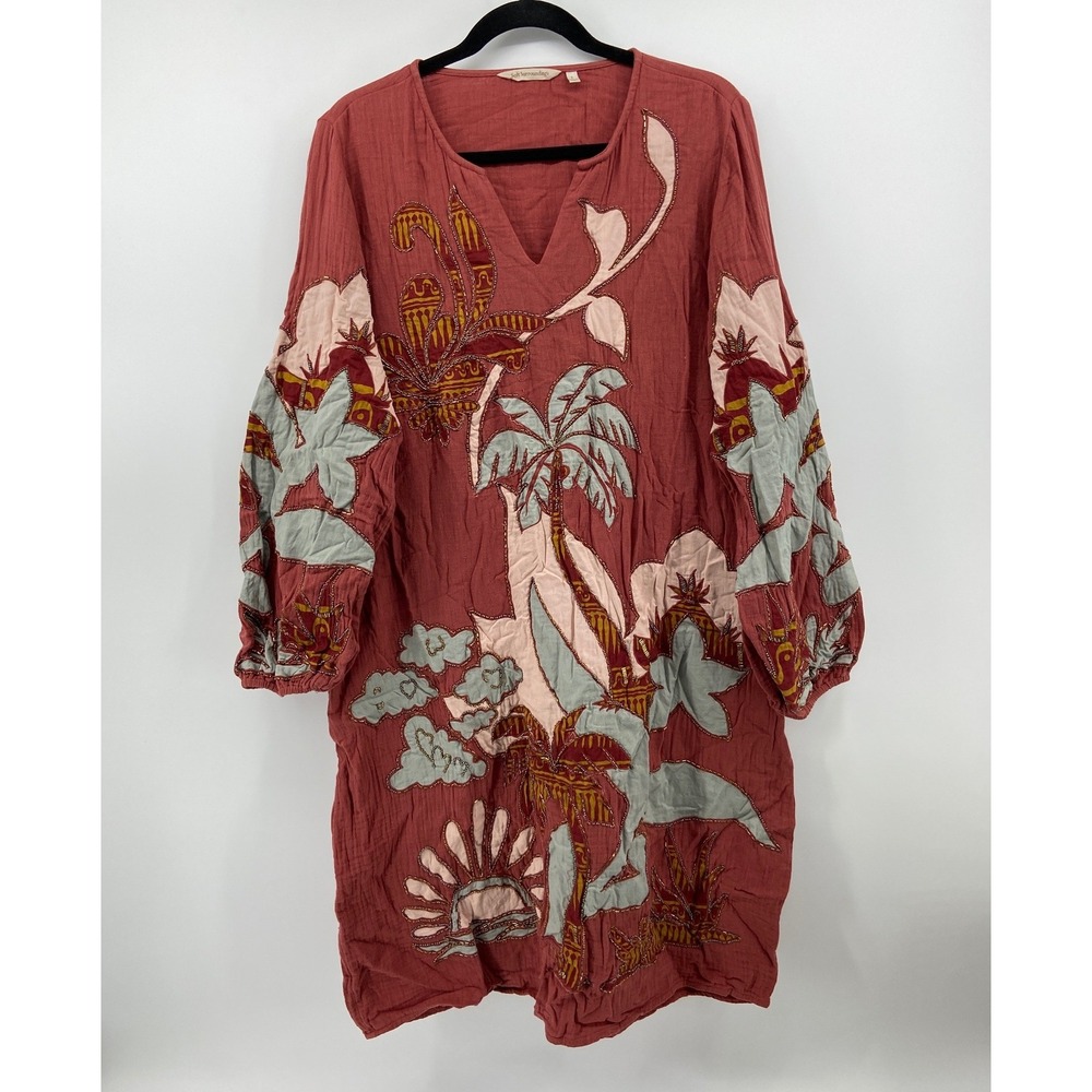 Soft Surroundings Red Cotton Gauze Beaded Tropical Palm Applique Dress L 2FU22
